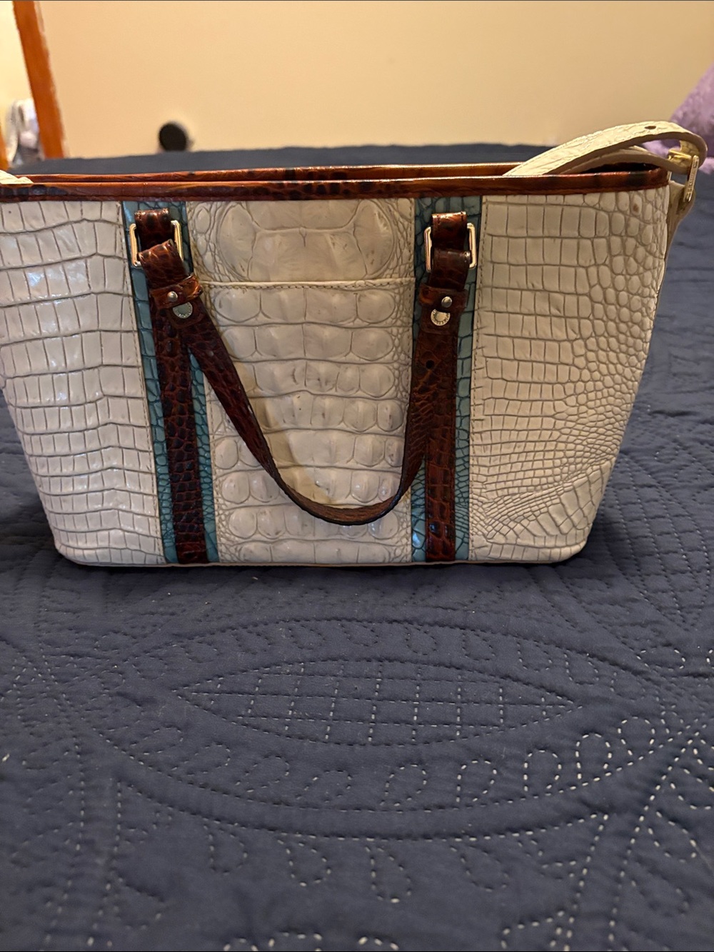 Brahmin Cream Croc-Embossed Tote with Brown Handles and Teal Stripes